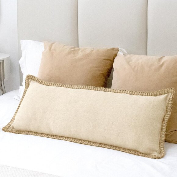 Burlap Linen Farmhouse Lumbar Pillow Cover 14 x 36 inch, Trimmed Tailored Edges - Picture 5 of 7